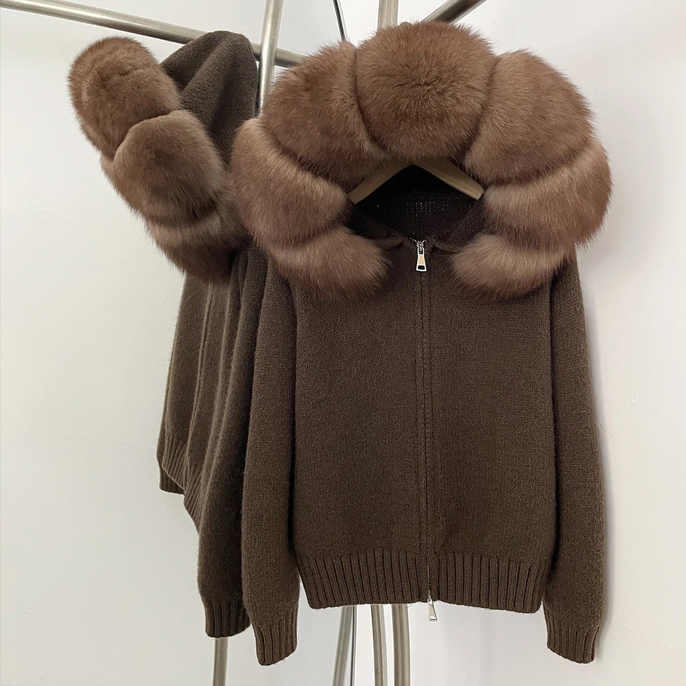 Women's Hooded Zip Front Fluffy Trim Jacket Casual Knit Layer