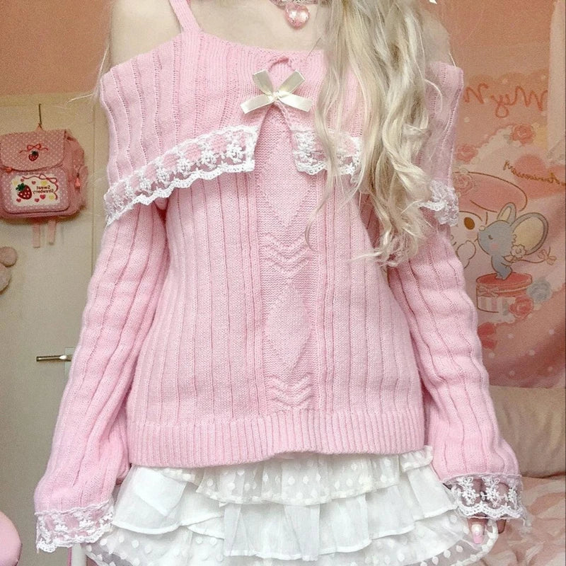 Women's Lace-Trim Long-Sleeve Slash-Neck Knit Pullover Sweater for Casual Autumn Layered Outfits