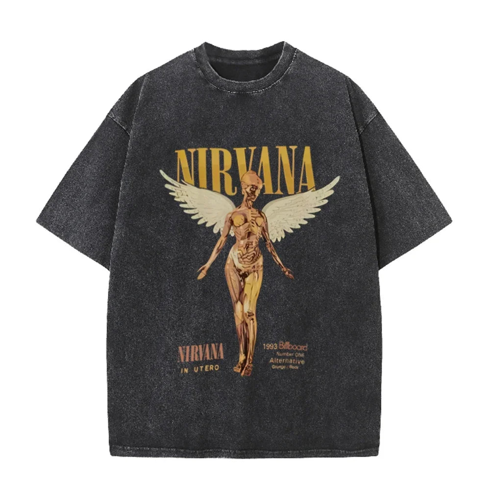 Vintage Distressed Washed Tee Nirvana Grunge Rock Silver Angel Skeleton Print Loose Fit Short Sleeve T Shirts