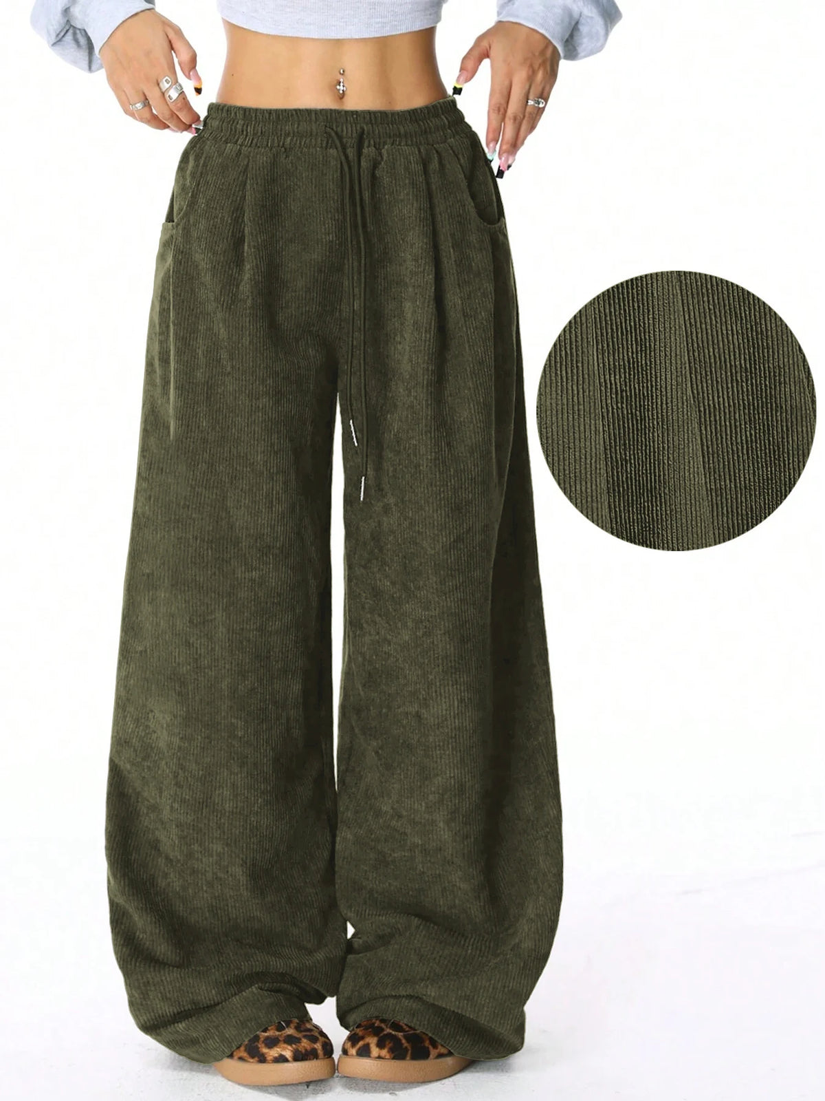 Women's Corduroy Style Drawstring Pants with Wide Legs and Pockets