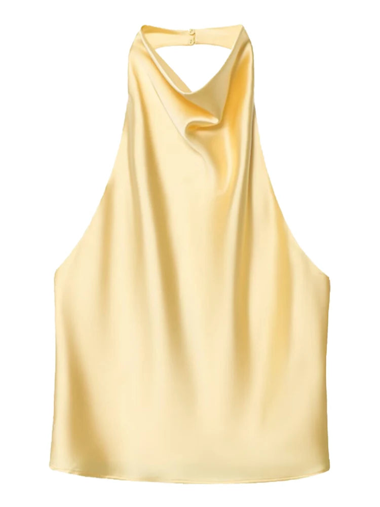 Women's Satin Polyester Halter Camisole with a Draped Front and Open Back