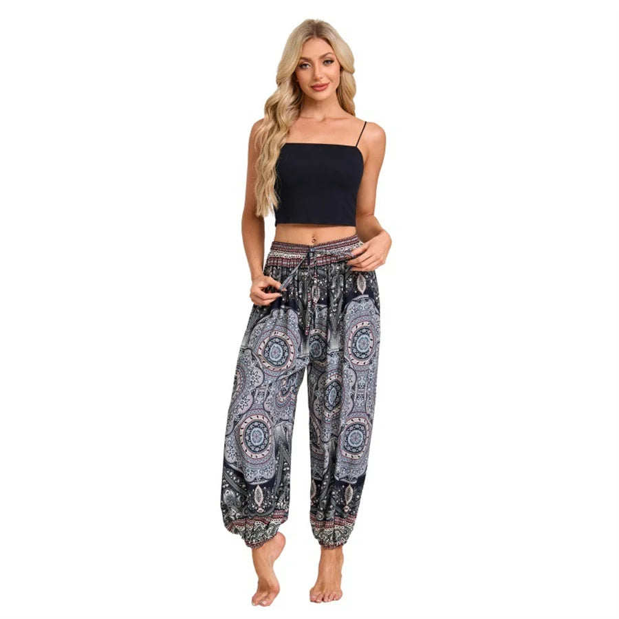 Women's Printed Rayon Harem Pants with Elastic Waist and Loose Gathered Legs