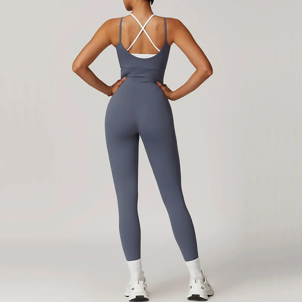 Women's Cross Back Nylon Blend Workout Jumpsuit with White Trim and Long Legs