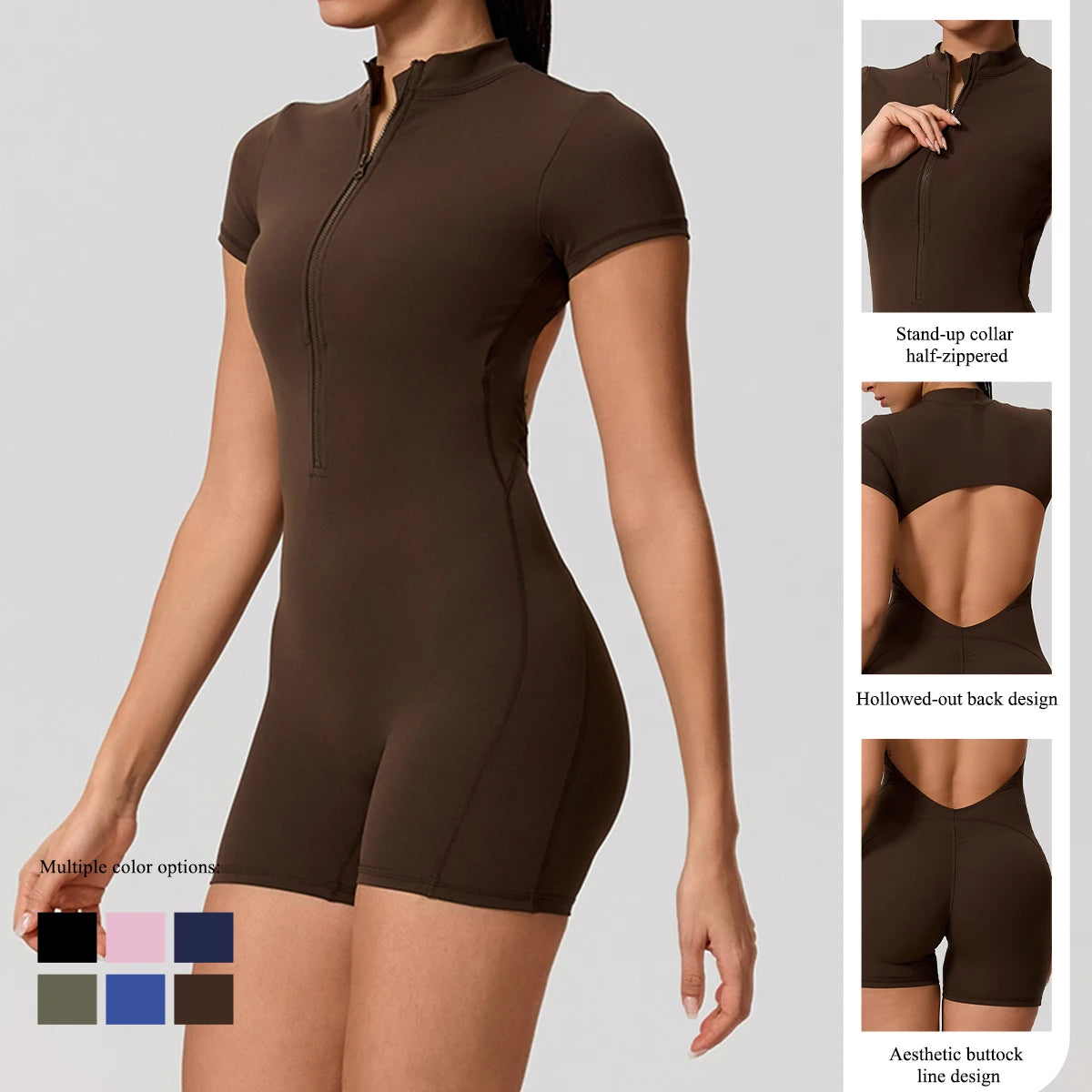 Women's Short Sleeve Nylon Blend Workout Romper with Zipper and Back Cutout