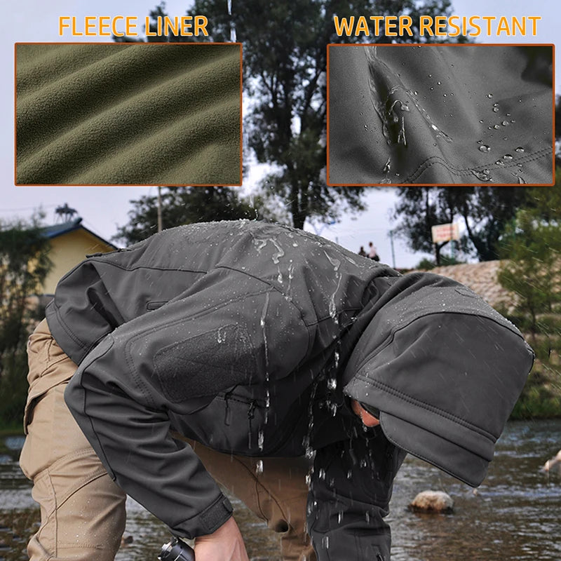 Men's Soft Shell Camouflage Tactical Jacket Men Waterproof Fleece Lined Coat Hooded Outdoor Hiking Hunting Clothes