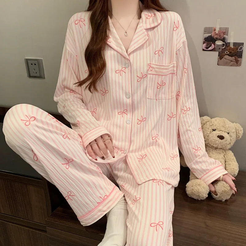 Women's Printed Button Front Long Sleeve Pajama Set with Top and Pants