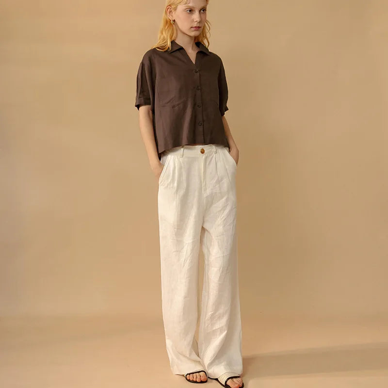 Women's Linen Loose Wide-Leg Pants with Button Fly and Practical Side Pockets
