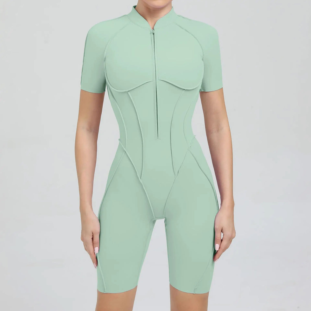 Women's Short Sleeve Nylon Blend Zip Front Romper with Contour Seams
