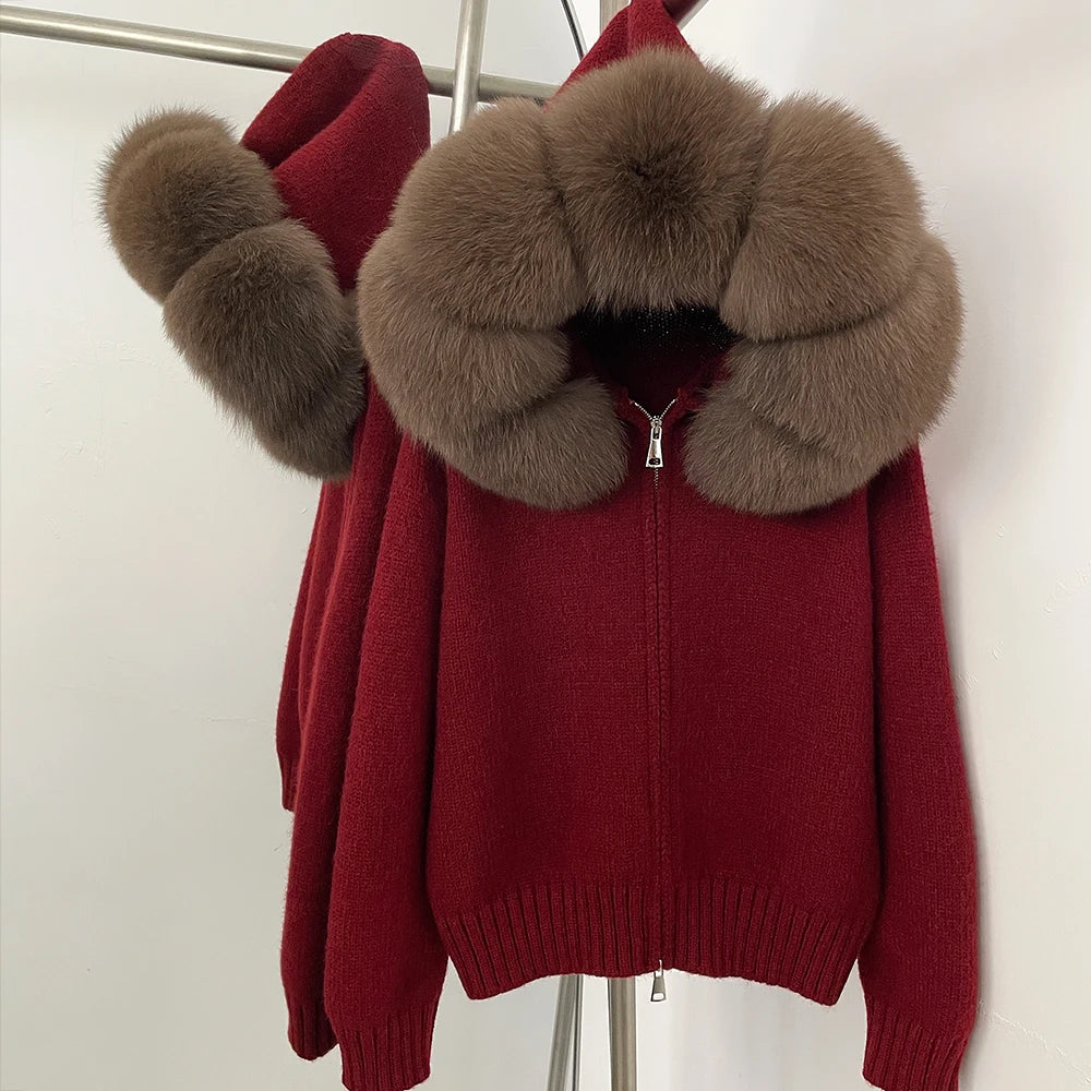 Women's Polyester Zip-Front Long-Sleeve Knit Jacket with Fox-Fur Collar for Winter Outfits