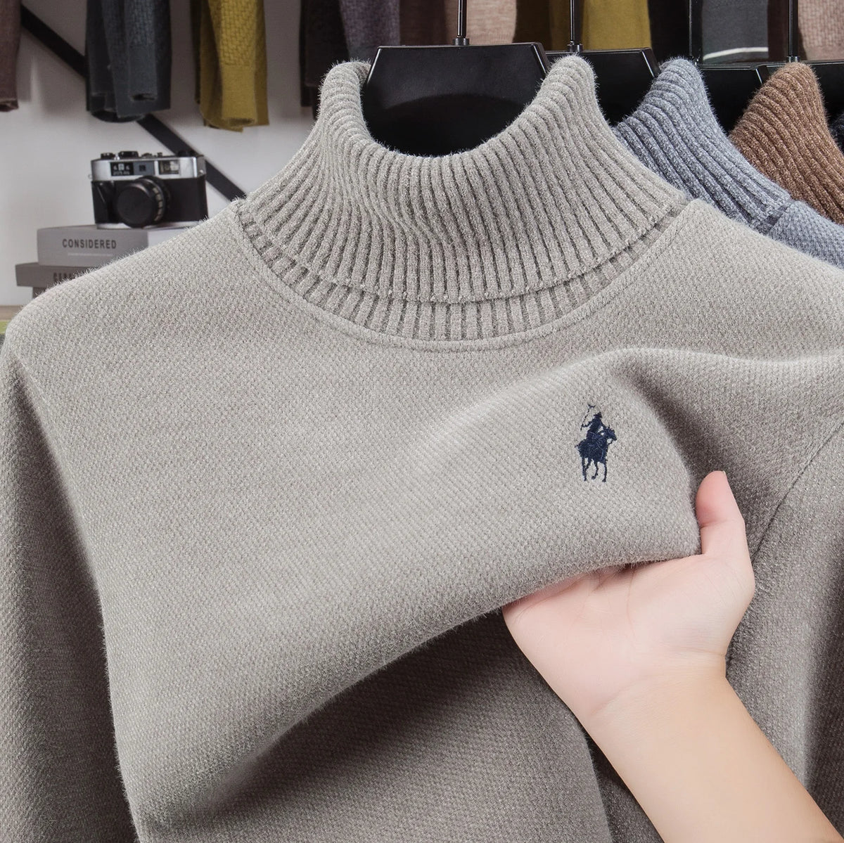 Men's Embroidered Turtleneck Long Sleeve Knit Sweater
