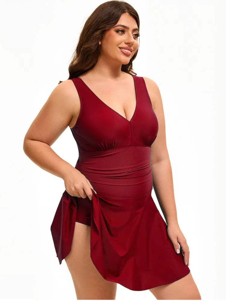Women's V Neck Ruched Waist Skirted Swimdress Bathing Suit
