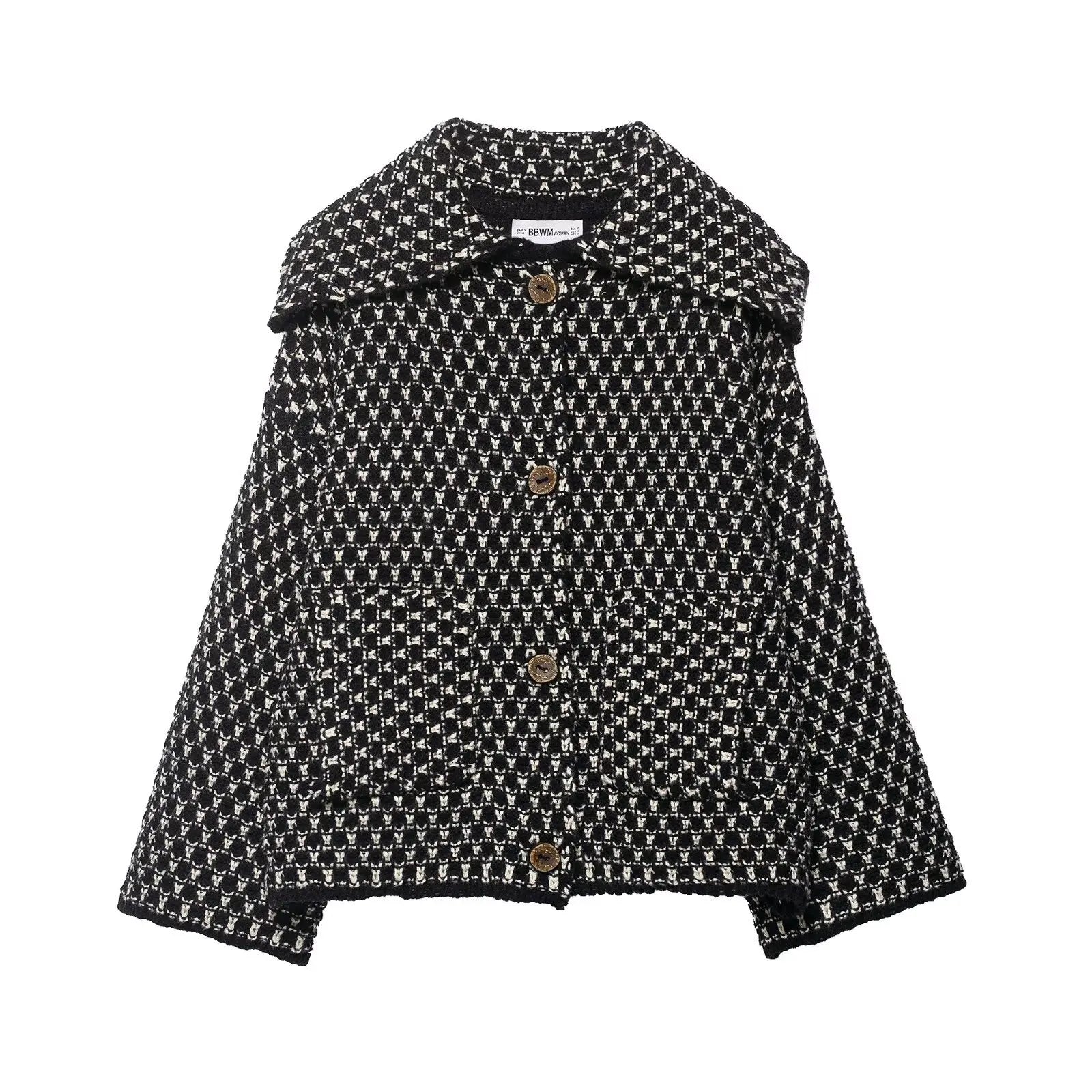 Women's Checked Button Front Shoulder Cape Cape Casual Knit Layer
