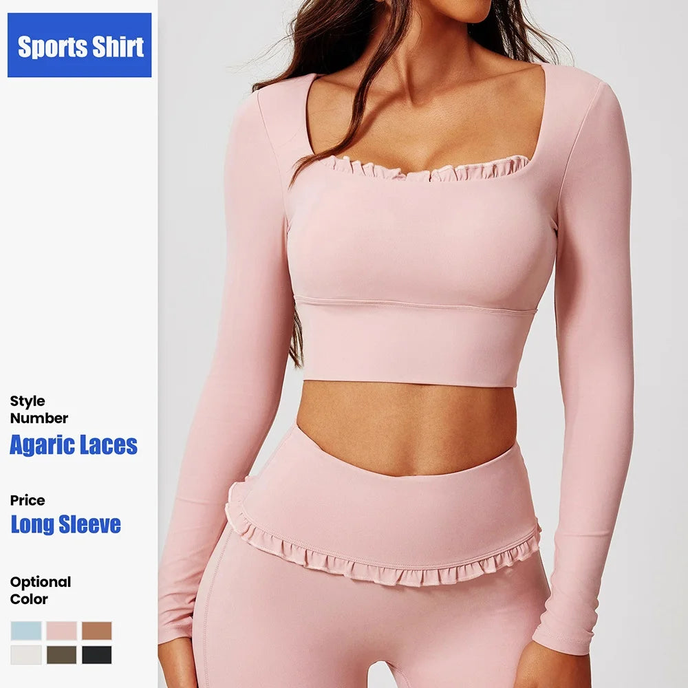 Women's Scalloped Square-Neck Long-Sleeve Workout Crop Top