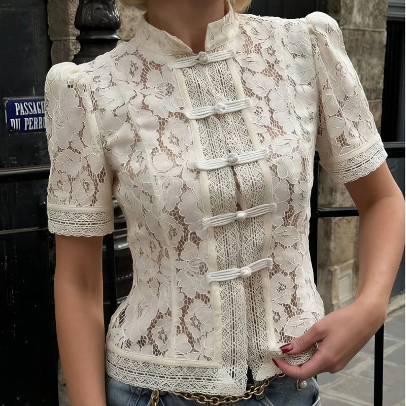 Women's Floral Lace High Neck Long Sleeve Blouse