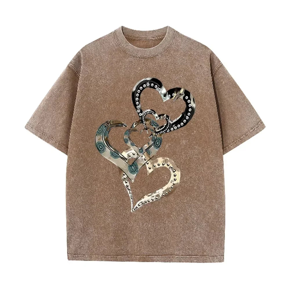Retro Acid Wash Oversized T-shirt Metallic Multi Heart Print Punk Rivet Design Casual Street Tops