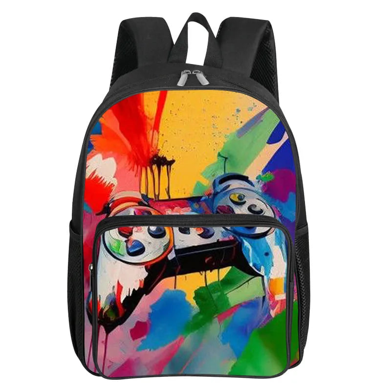 Children's Gamepad Print Backpack with Front Pocket and Twin Shoulder Straps