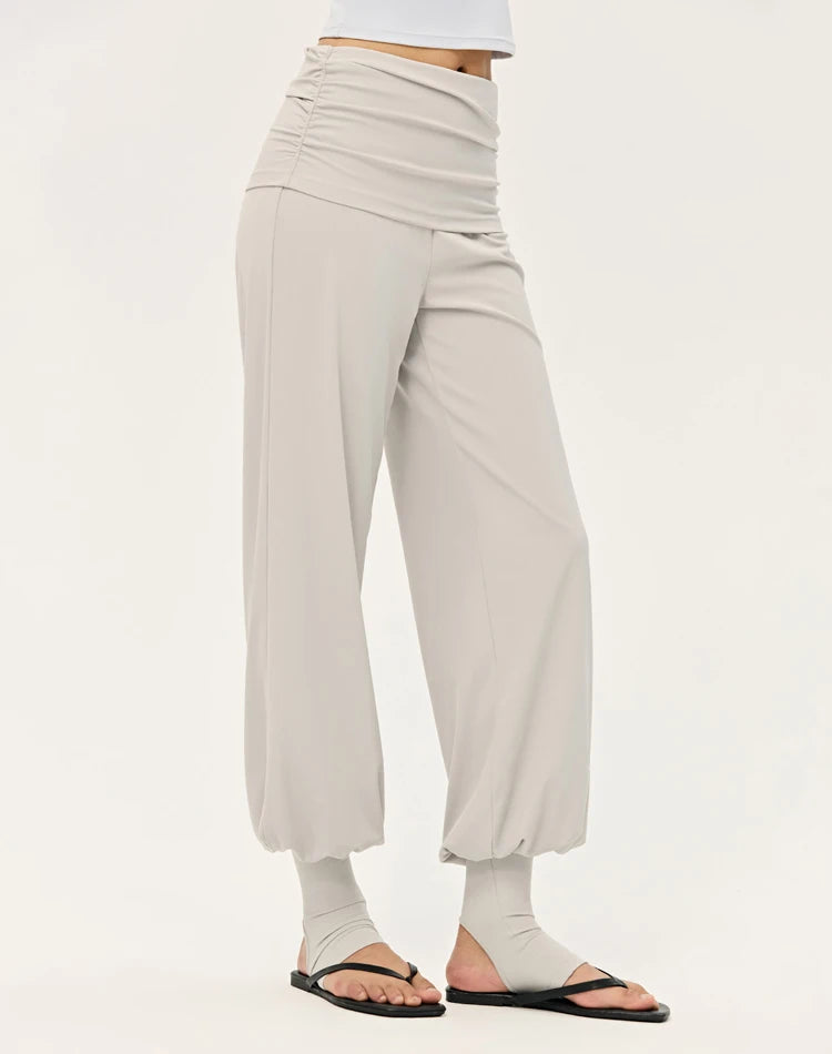 Women's Fold Over Waist Nylon Blend Harem Pants with Loose Legs