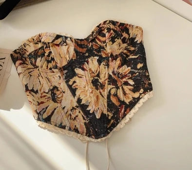 Women's Floral Tapestry Print Polyester Bustier Crop Top with Lace Up Back