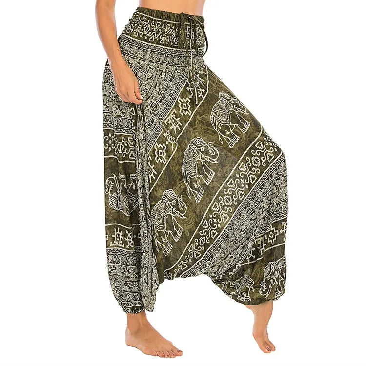 Women's Printed Nylon Harem Pants with Smocked Waist and Convertible Styling
