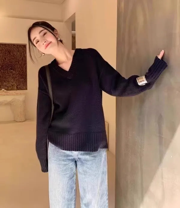 V-neck 100 pure wool sweater for women in autumn and winter, loose and thick sweater, long-sleeved knitted top