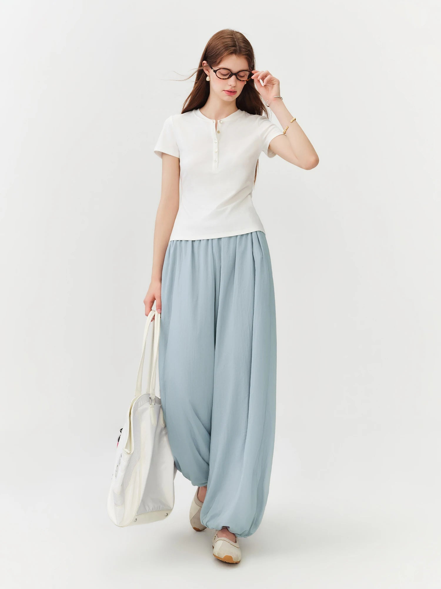 Women's Blue Balloon Pants with Elastic Waist and Tapered Legs