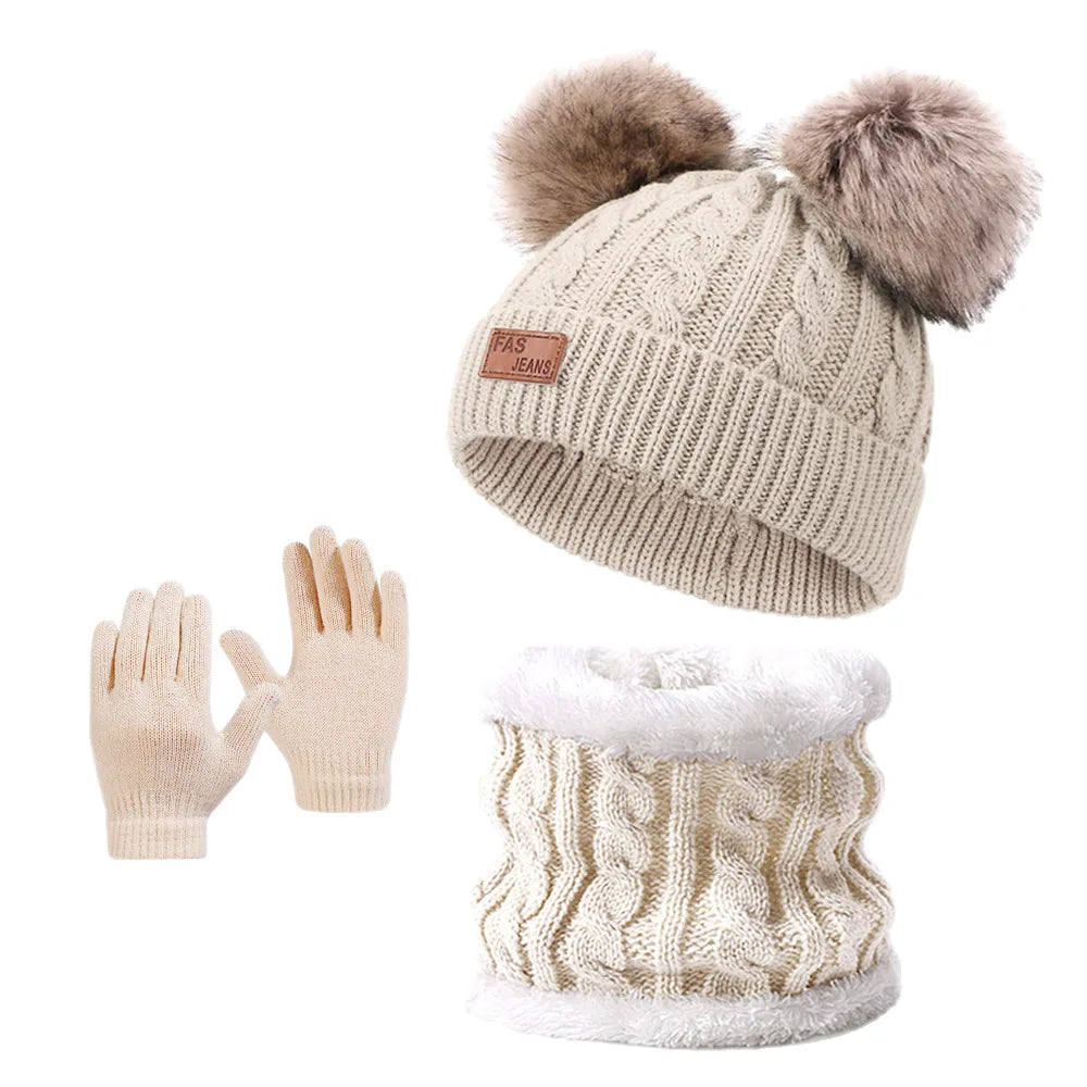 Children's Pom-Pom Knitted Beanie Hat Scarf and Gloves Winter Accessory Set