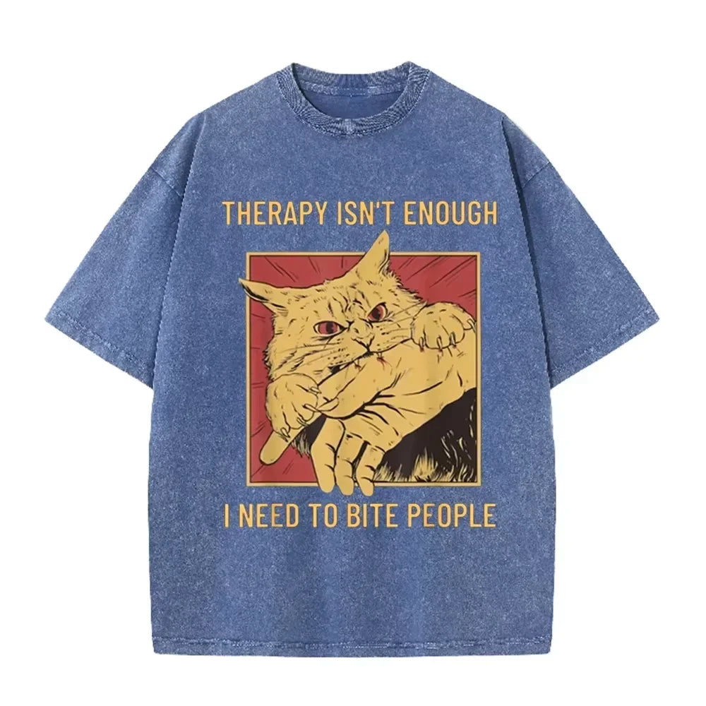 Funny Cat Bite Hand herapy Isn't Enough Print Vintage Washed Black T Shirt