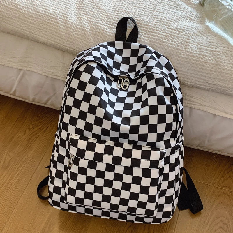 Women's Checkerboard Print Backpack with Front Pocket and Adjustable Shoulder Straps