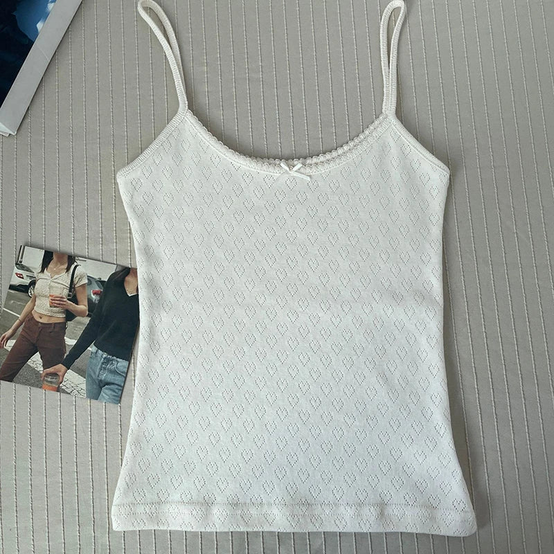 Women's Lace Trim Cotton Camisole with Bow Detail and Multiple Pattern Options