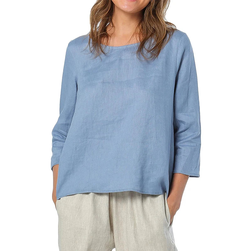 Women's Linen Loose Round-Neck Three-Quarter-Sleeve Blouse with Asymmetric Hem for Summer Outfits