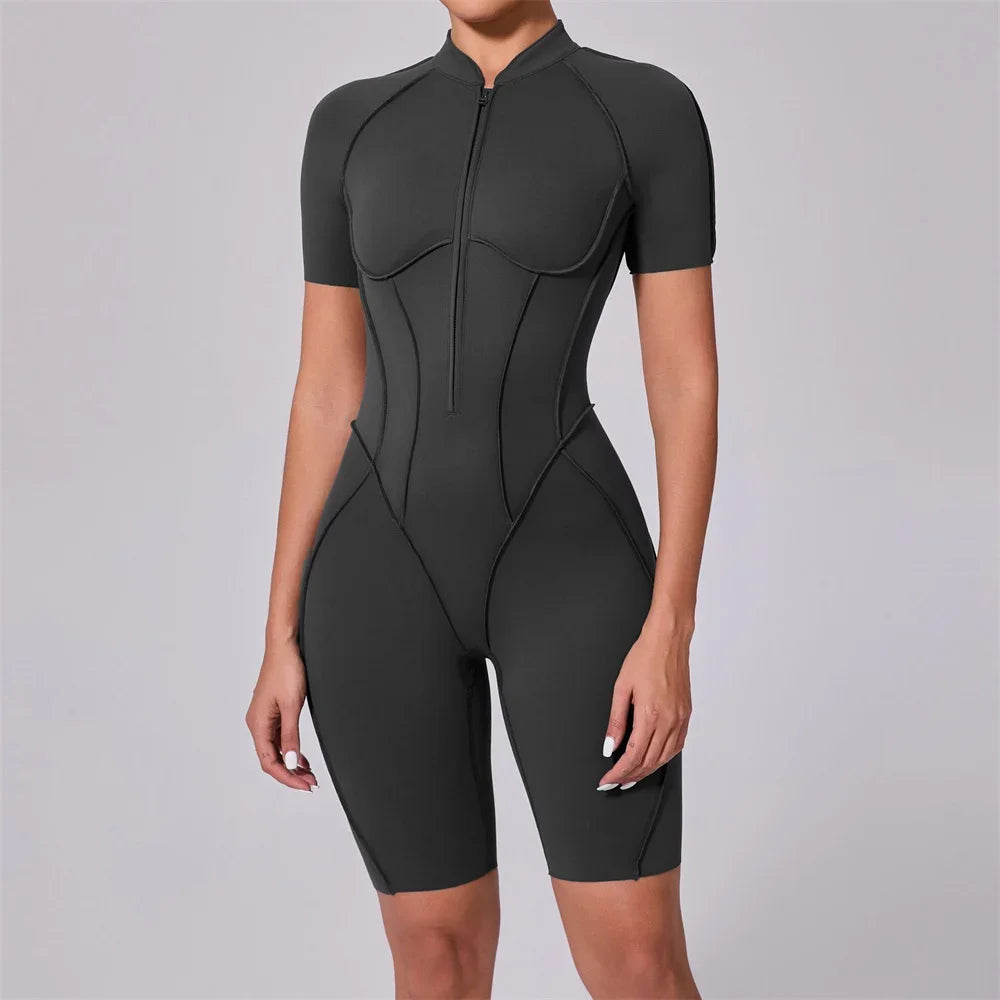 Women's Short Sleeve Nylon Blend Zip Front Romper with Contour Seams