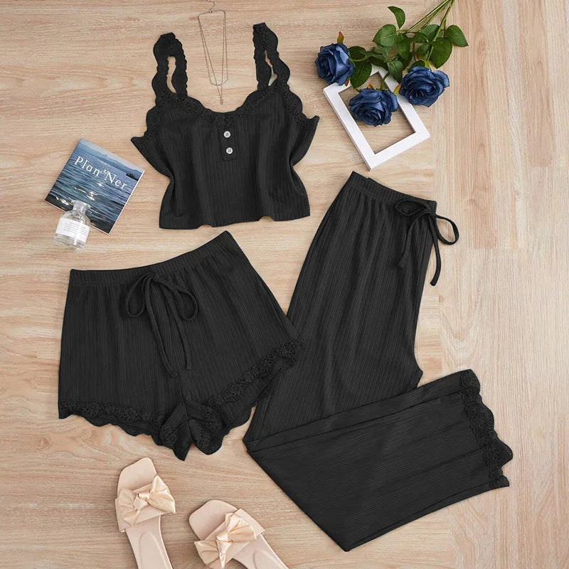 Women's Lace Trim Cami Three Piece Pajama Set with Shorts and Pants