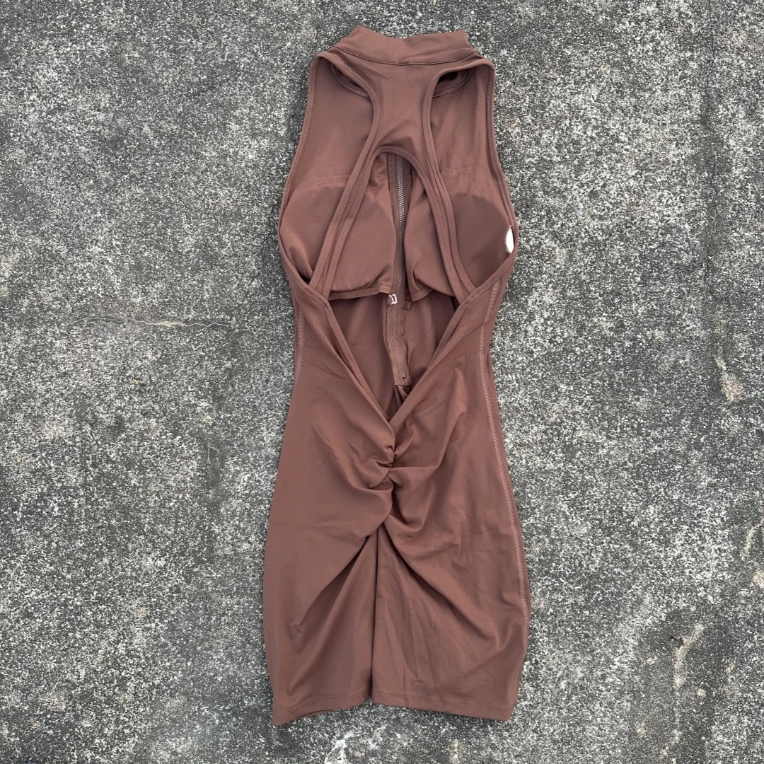 Women's Zip Front Nylon Blend Workout Romper with Stand Collar and Racerback