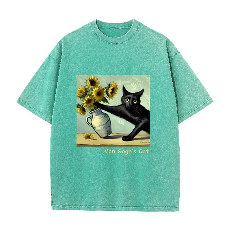 Funny  s Cat Sunflower Art Print Vintage Washed Black Casual Top