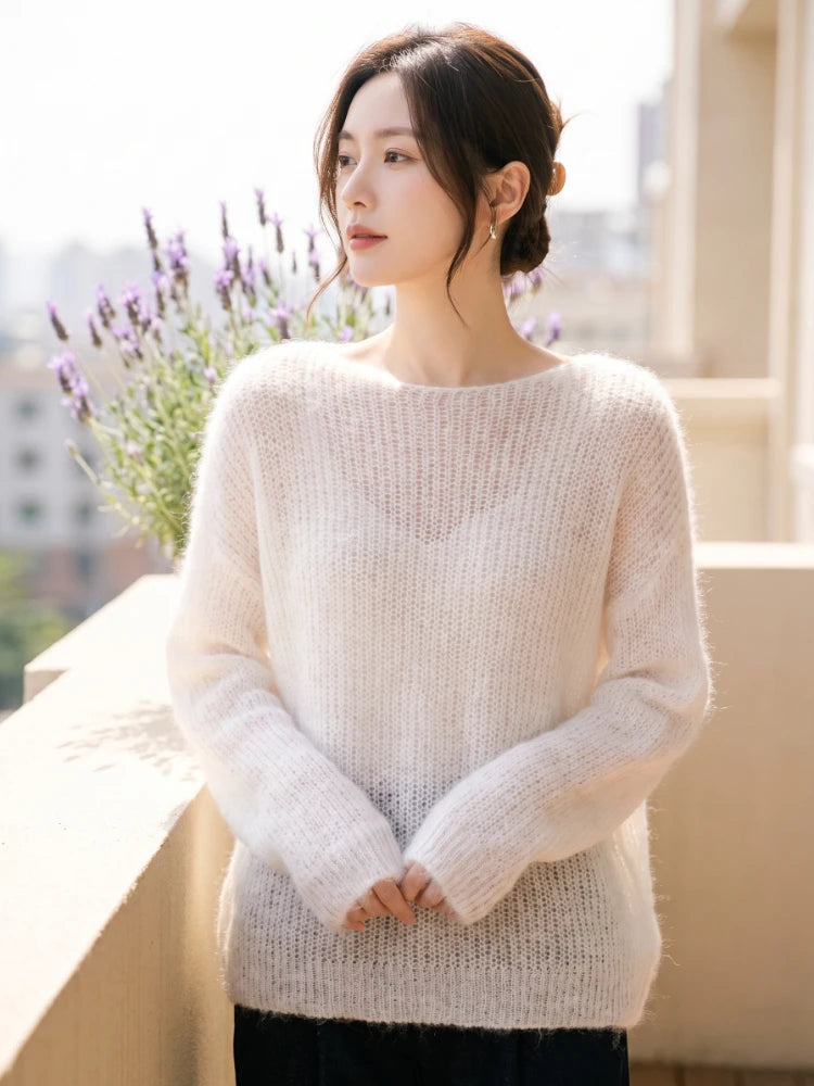 Women's Open Knit Crew Neck Sweater Casual Knit Layer