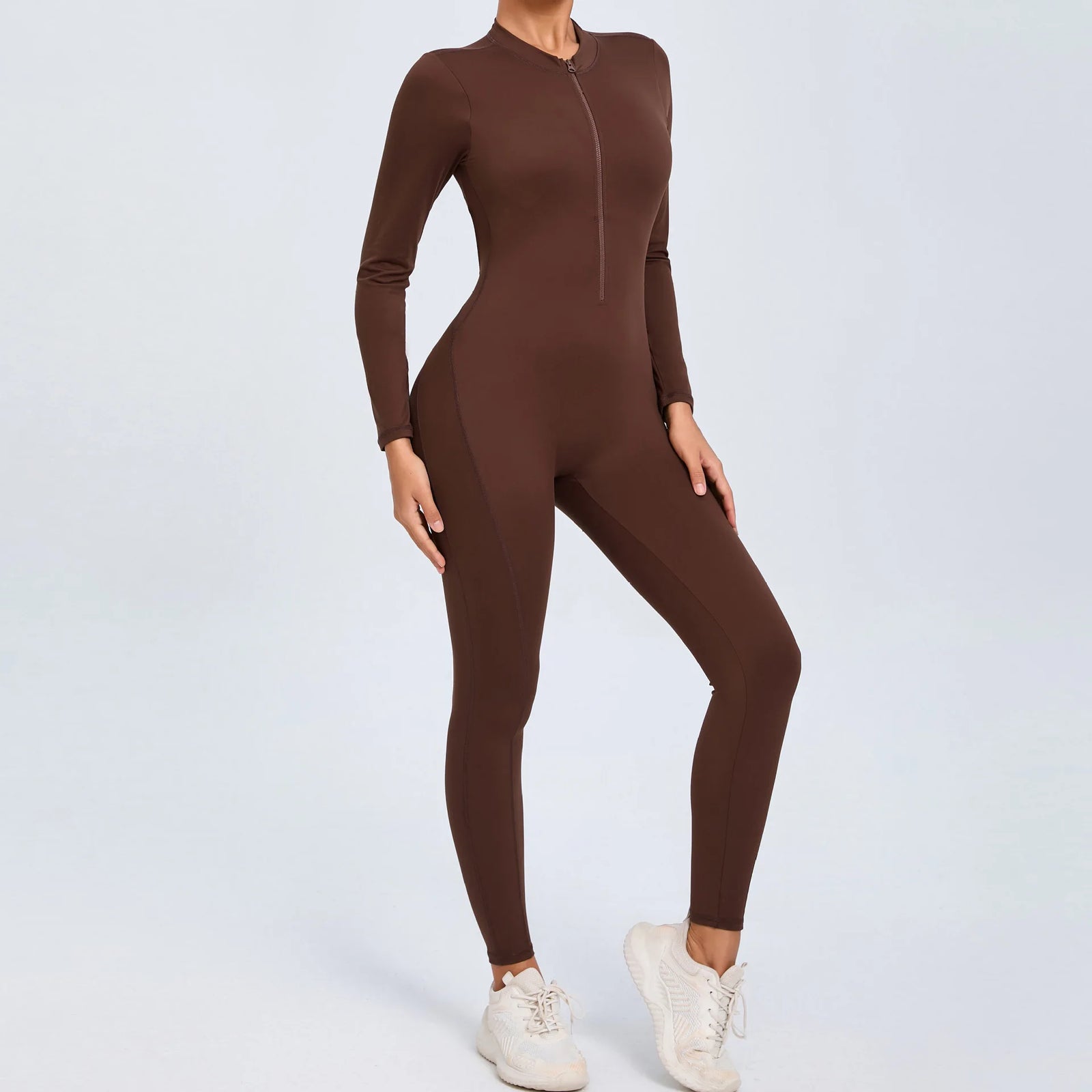 Women's Long Sleeve Nylon Blend Workout Jumpsuit with Zipper and Open Back