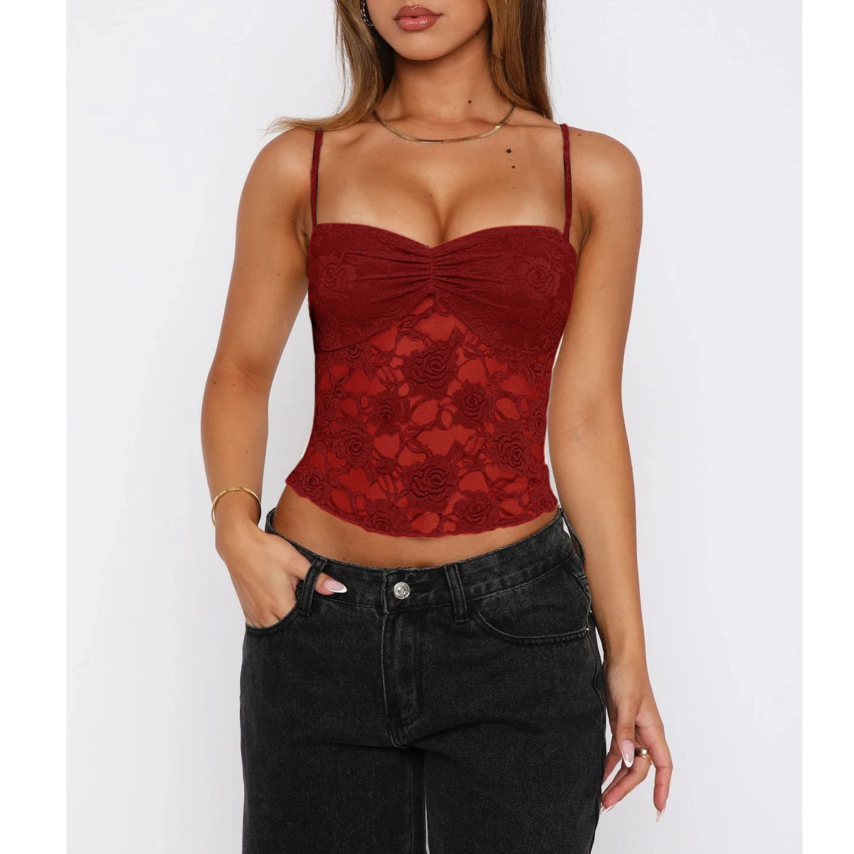 Women's Ruched Front Polyester Blend Lace Camisole with Thin Shoulder Straps