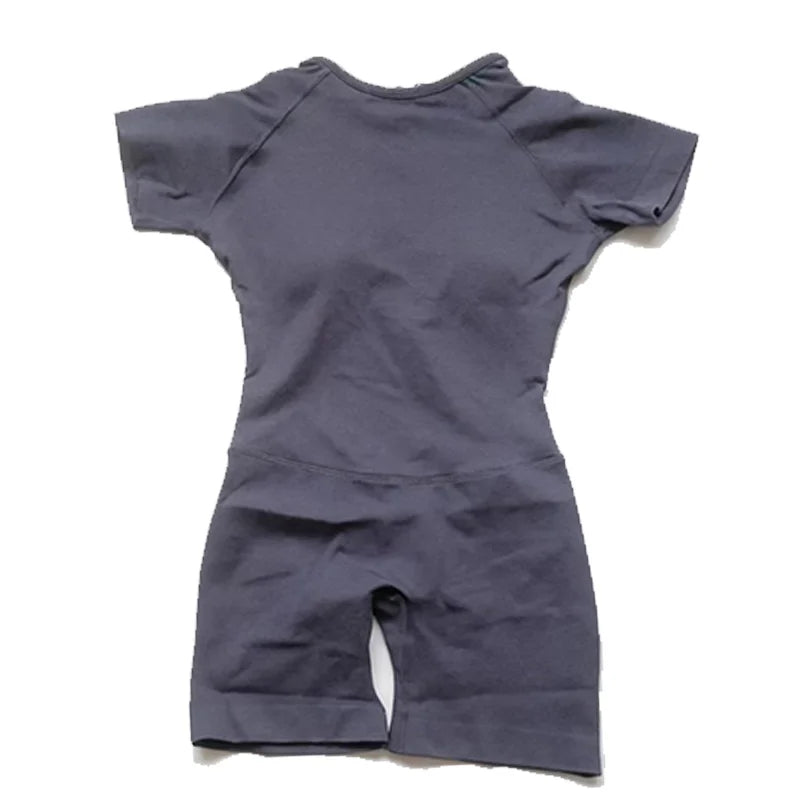 Women's Short Sleeve Nylon Workout Romper with Open Back and Fitted Shorts