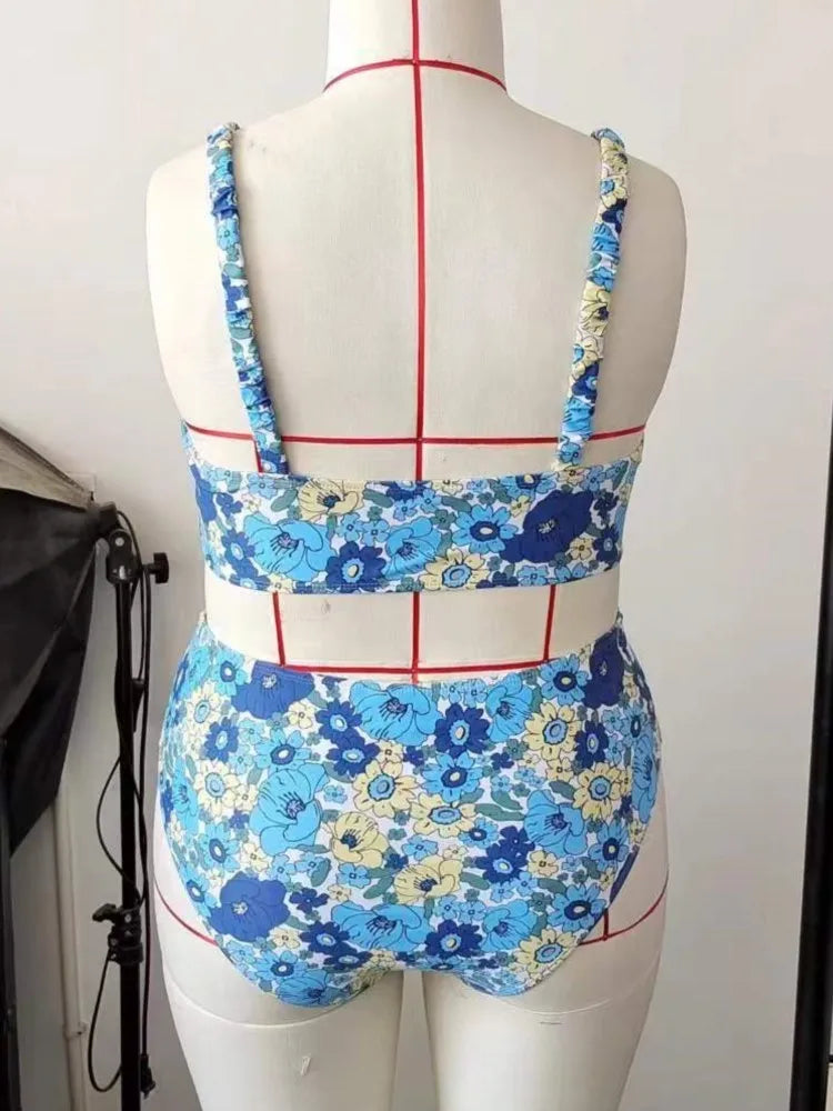 Women's Floral Print Ruched Top and High Waist Bikini Set