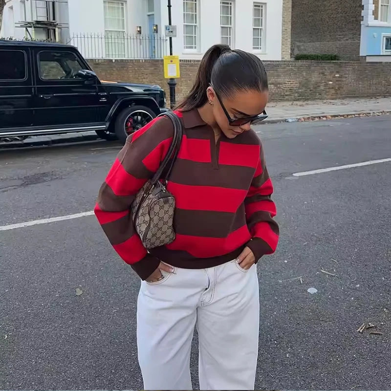 Women's Striped Polo Collar Loose Fit Sweater Casual Knit Layer