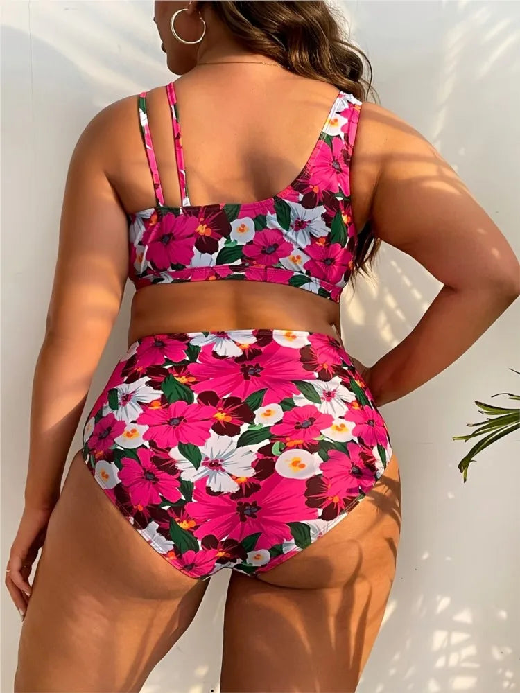 Women's Floral Print V Neck Top and High Waist Bikini Set
