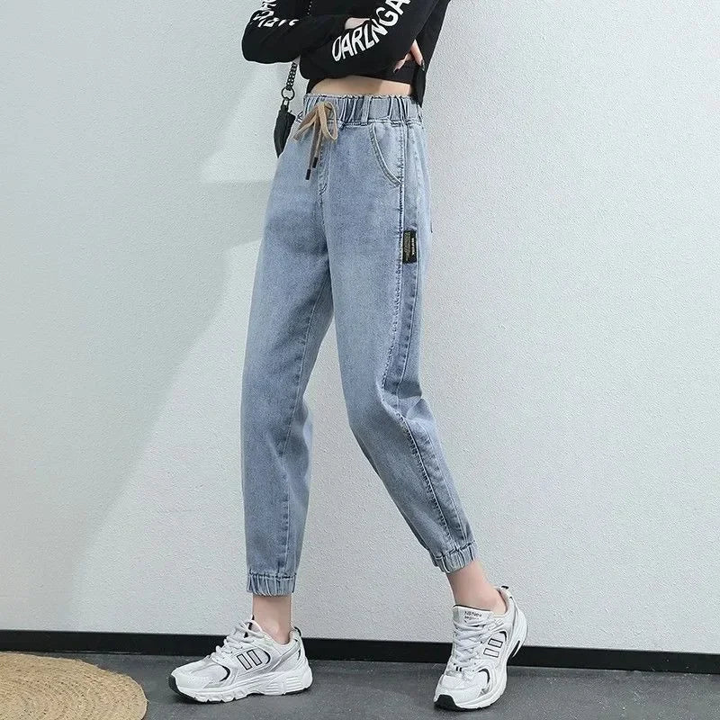 Women's Drawstring Elastic Waist Cropped Cuffed Denim Jeans