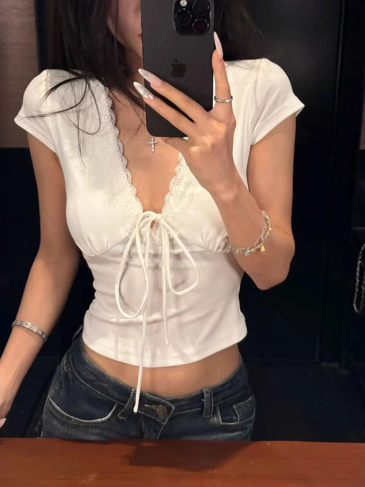 Women's V-Neck Lace-Trim Short-Sleeve Tie-Front Satin-Look Top