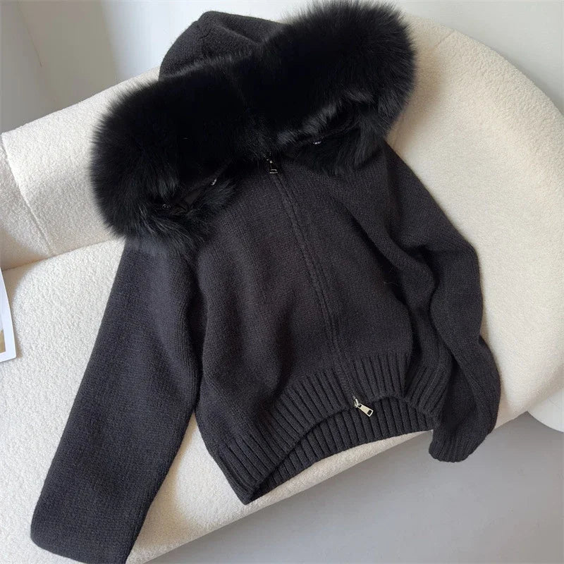 Women's Polyester Zip-Front Long-Sleeve Knit Jacket with Fox-Fur Collar for Winter Outfits