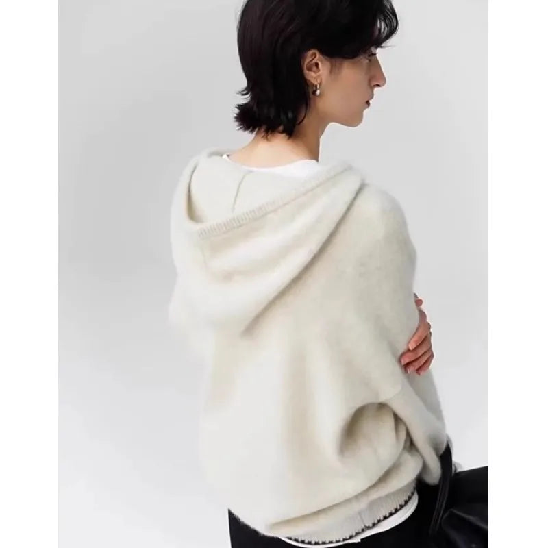 High-end half-zipper hooded 100% cashmere knitted sweater women loose and thick sweater base hoodie top