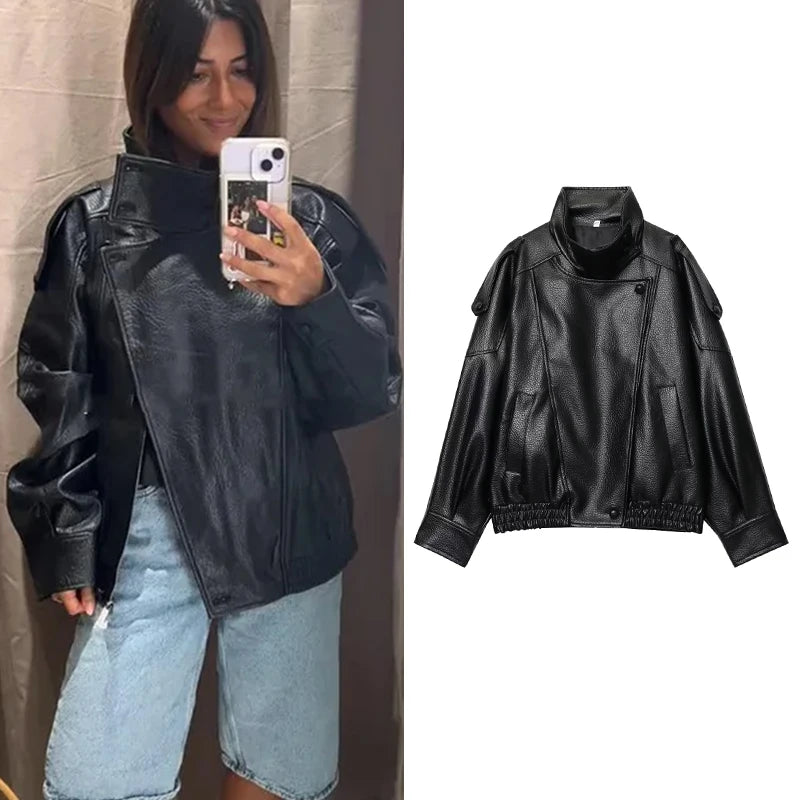 Women's Faux-Leather Stand-Collar Zip-Front Jacket
