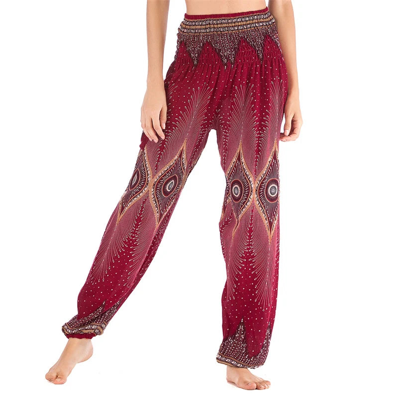 Women's Printed Rayon Harem Pants with High Waist and Gathered Ankles
