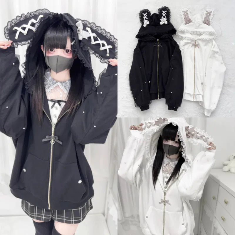Rabbit Ear Long Sleeve Full Zip Casual Hoodie