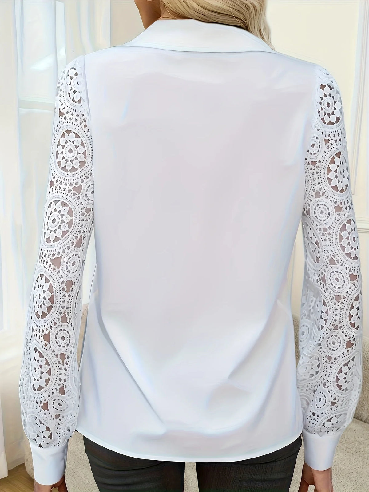 Women's Lace Sleeve Long Shirt with Front Buttons