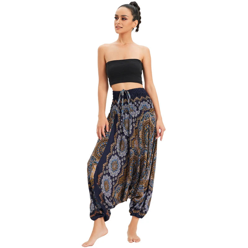 Women's Printed Rayon Harem Pants with Elastic Waist and Convertible Styling